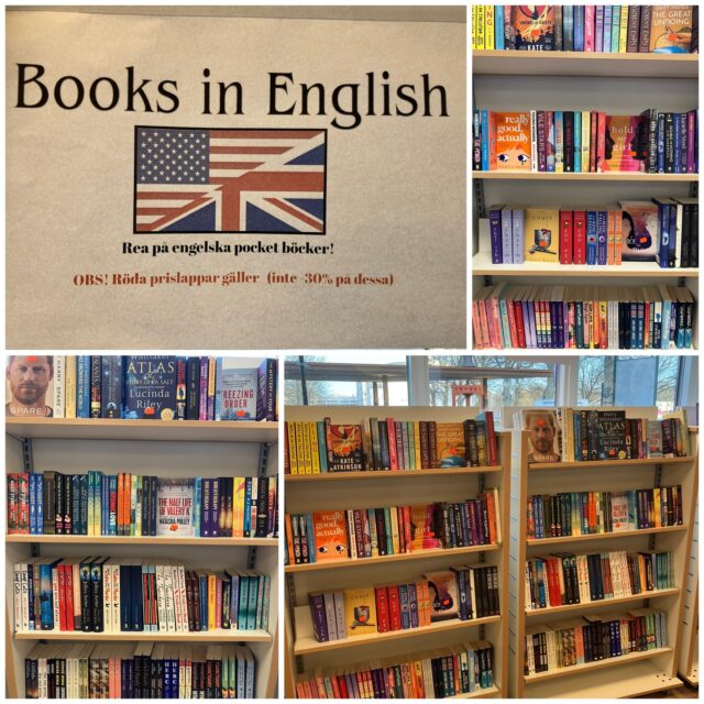 Hello gott folk! Now we have plockat fram two hyllor med REA-books in English. En del new for today för only 8,90€ per bok och en hel del utplockat ur våra egna hyllor where we have cut the pris på hälften av ordinarie. De röda lapparna gäller, inte -30% på dessa som den övriga rean.

Welcome inside and have a look! 🥰