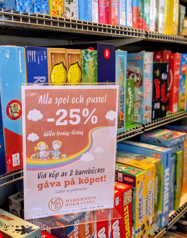 Familjedagar i city fredag och lördag.
Då passar vi på att ha 25% på alla spel och pussel.🎉🤩

Varmt välkommen! 🌼🌼🌼