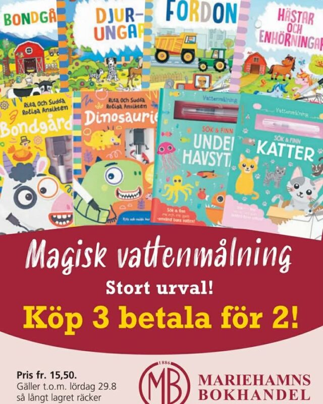 Inför barnens Superlördag nu på lördag har vi plockat fram en riktig favorit, nämligen målarböcker där allt man behöver är vatten och de kan användas om och om igen! Vi har ett stort gäng böcker inne och så långt lagret räcker kör vi ta 3 betala för 2 idag och imorgon🥳🤩

(Psst! Lite tidigt kanske men de fungerar utmärkt att spara till julklappar😉)